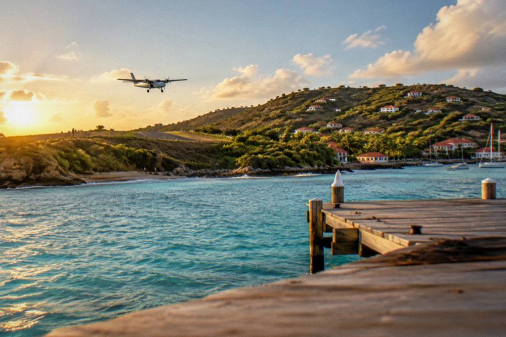 A wooden jetty above clear shallow water with a hillside of red-roofed houses behind it