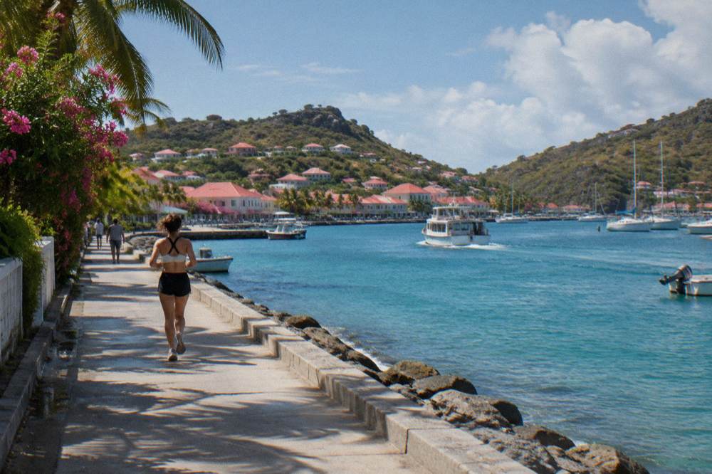 A small ferry boat crossing open blue water toward a green island