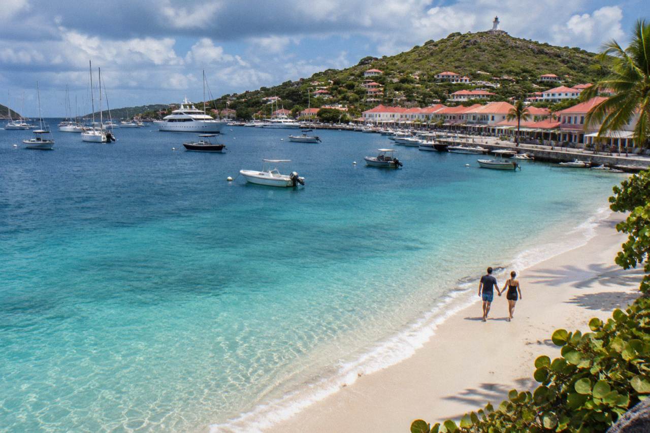 Two people walking hand in hand on a white sand beach beside turquoise water in Gustavia harbor