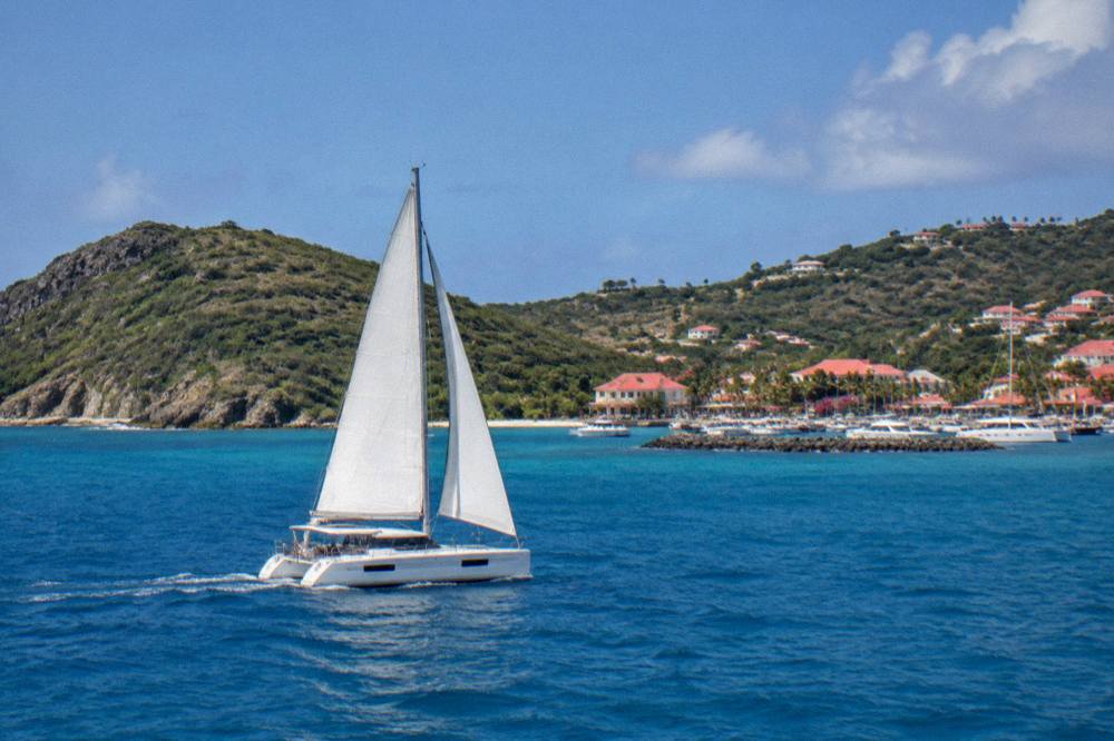 A catamaran under sail on open blue water near a green island
