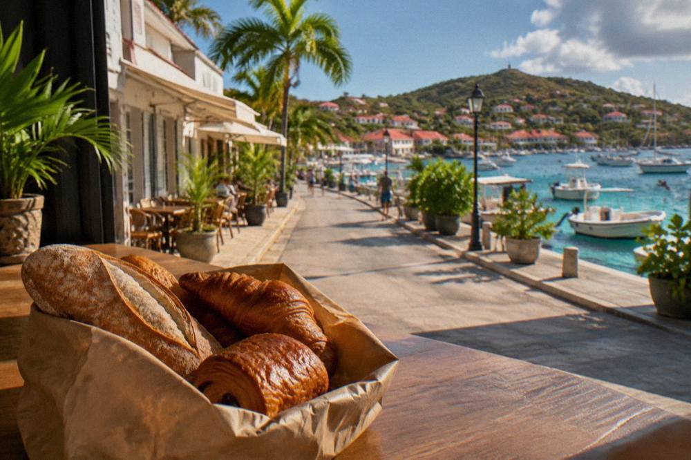 Fresh bread and pastries in a paper bag on a wooden counter in the morning light