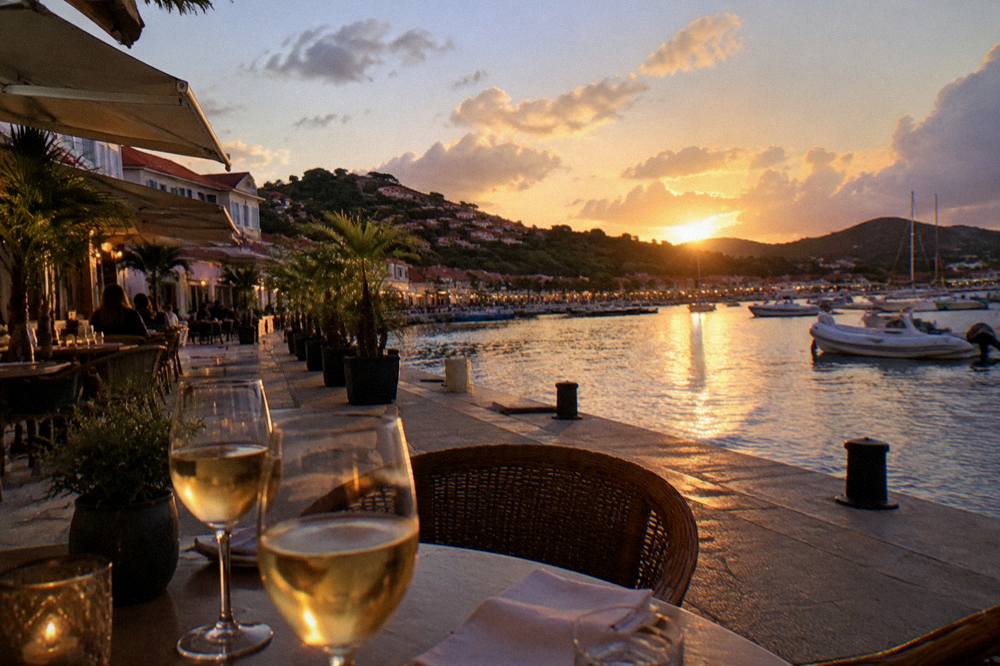 An evening table with wine glasses on a terrace overlooking harbor lights across dark water