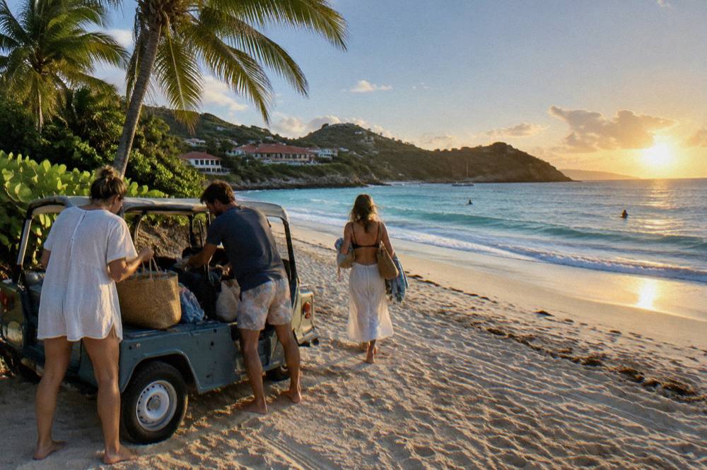 Friends unloading beach bags from a small open-sided car near a palm-lined shore
