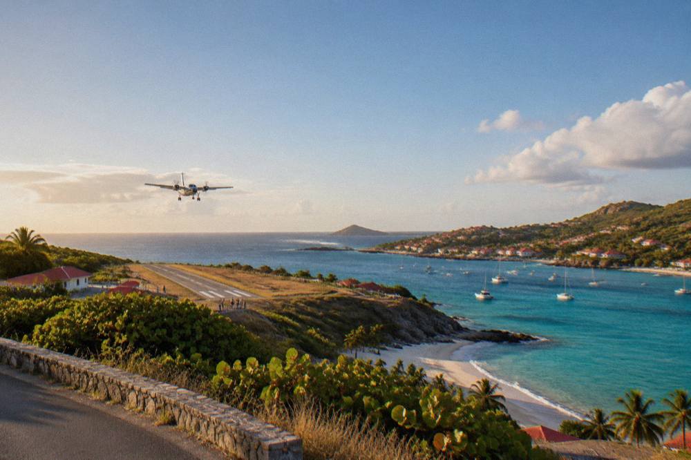 Small turboprop aircraft on the short runway at Gustaf III airport seen from the road above Saint-Jean bay