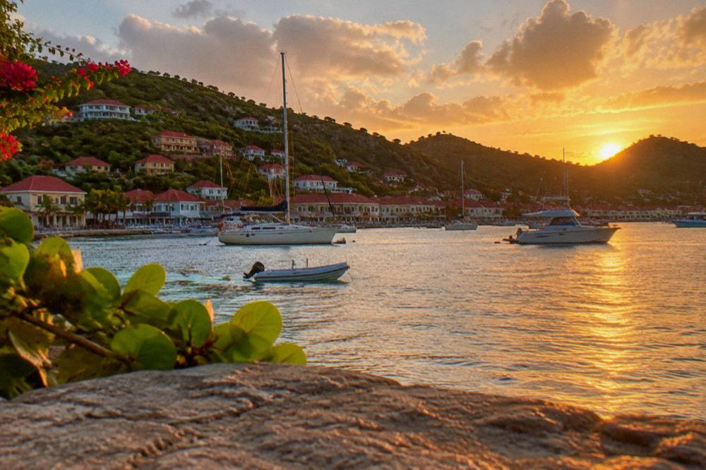 Sunset light over the anchorage and hills of Gustavia on the final evening in St Barts
