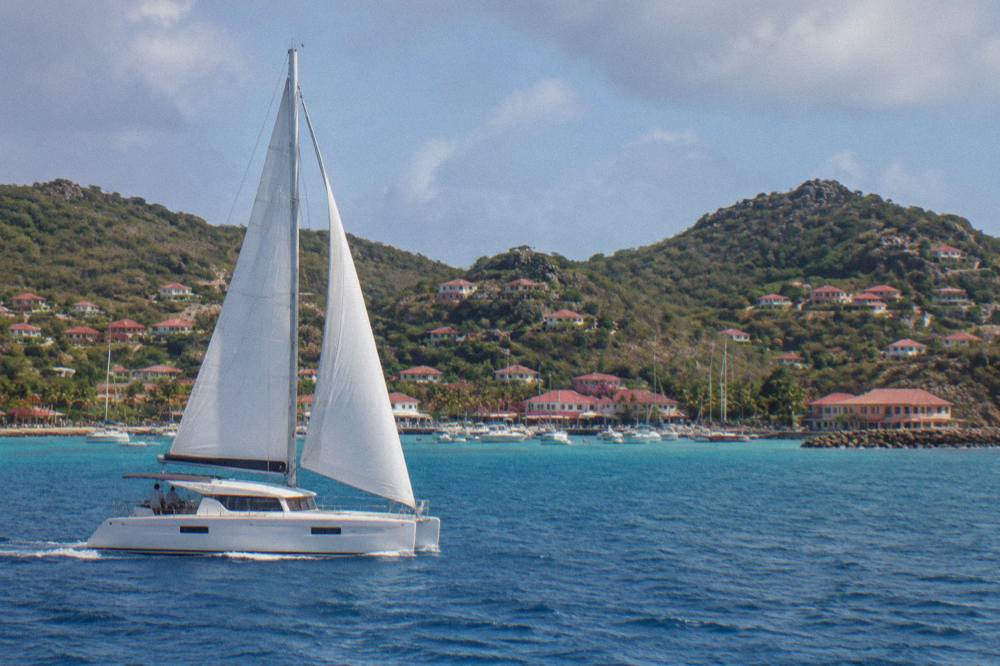 A catamaran under sail on open blue water near a green island