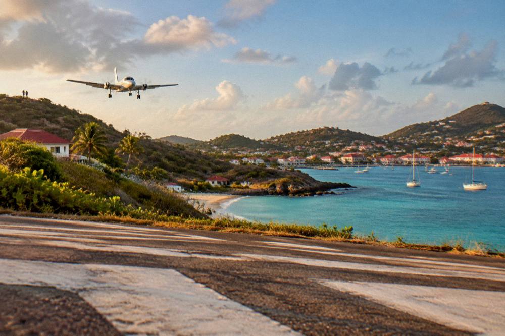 Evening light over a Caribbean harbour town with red roofs and calm water