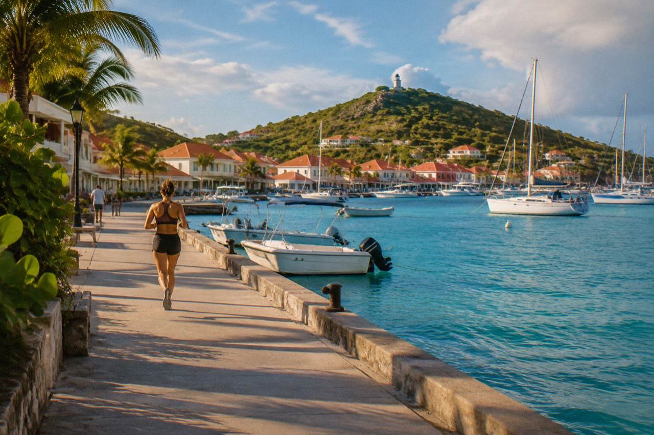 Sailboats anchored in turquoise water below the hills of Gustavia harbour