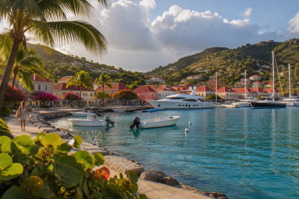 Red-roofed buildings along the harbour front in Gustavia with yachts at the quay