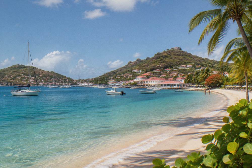 A palm-fringed crescent of white sand and clear water at a St Barts bay