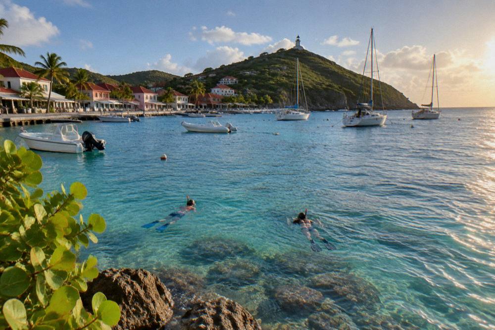 Snorkellers in clear shallow water above rocks and coral near a small island bay
