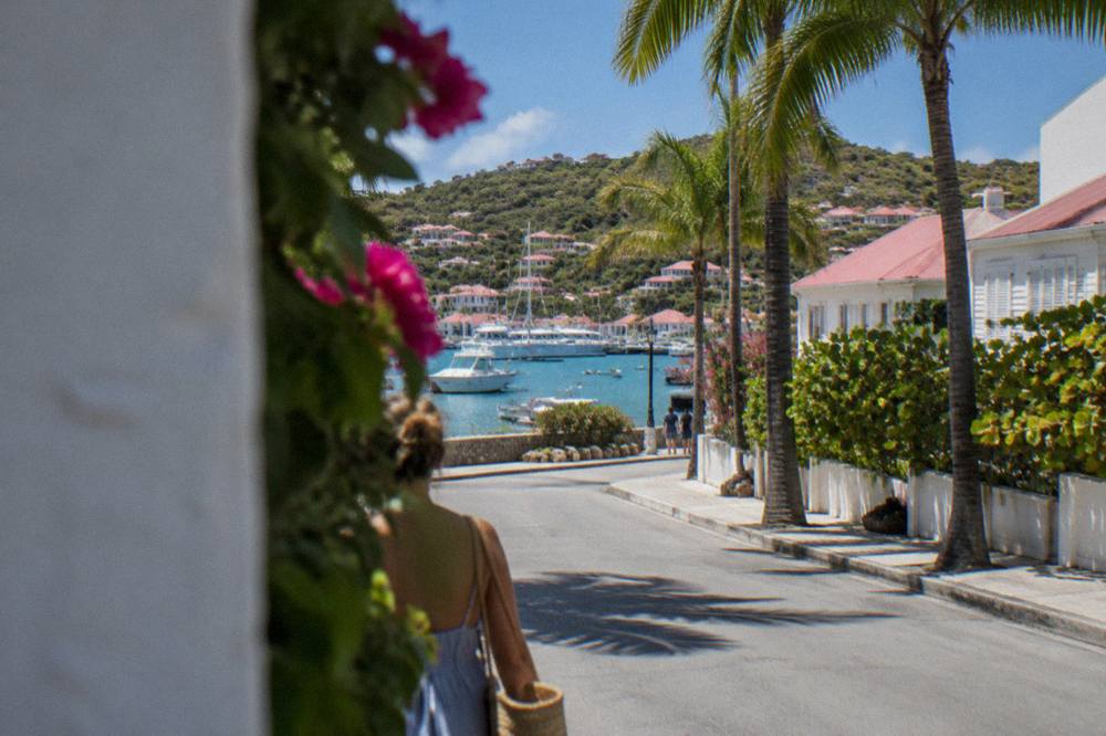 Palm trees and a quiet street of low white buildings in Gustavia under a blue sky