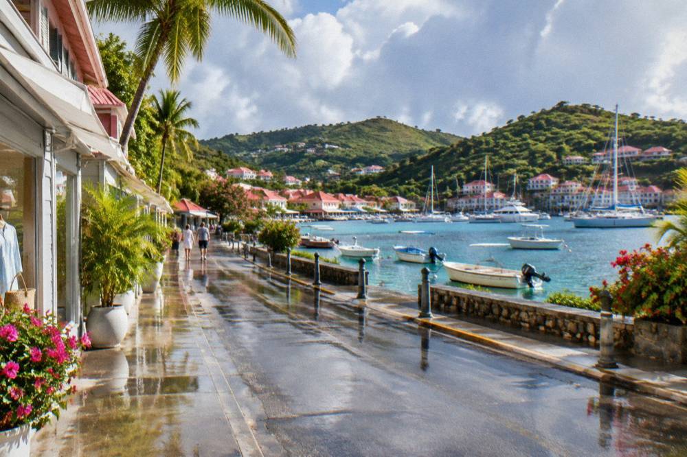 Boutique storefronts along a wet street in Gustavia with reflections on the pavement