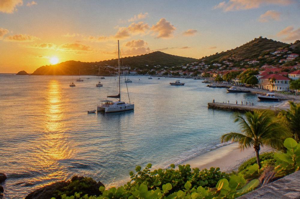 A catamaran at dusk on calm water with dark hills behind